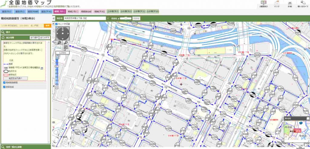 全国地価マップの使用例 東京都中央区日本橋1丁目付近 相続税路線価（令和3年）