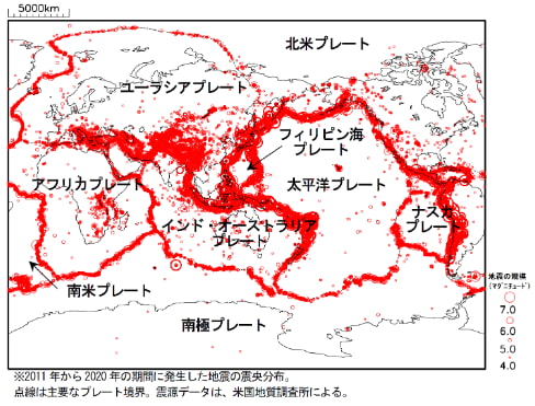 世界中の地震の発生場所