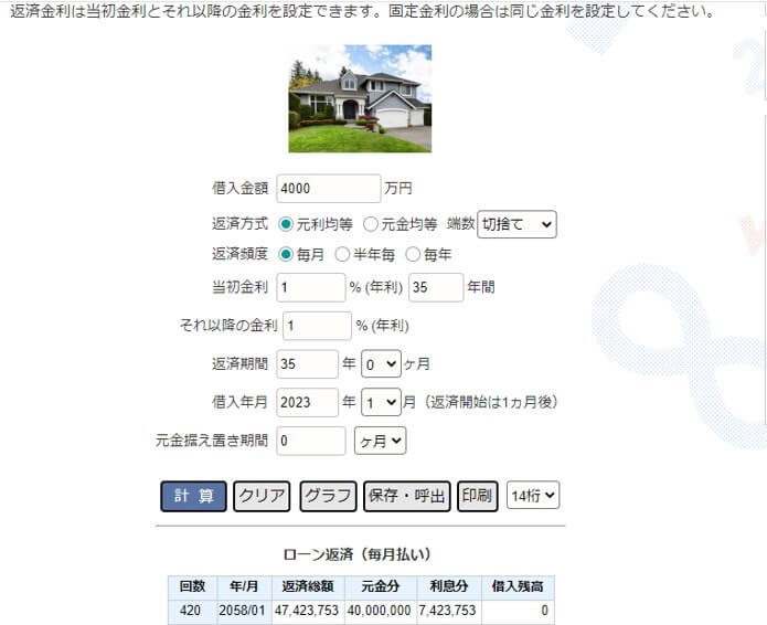 住宅ローンシミュレーションサイトで条件を入力した画面