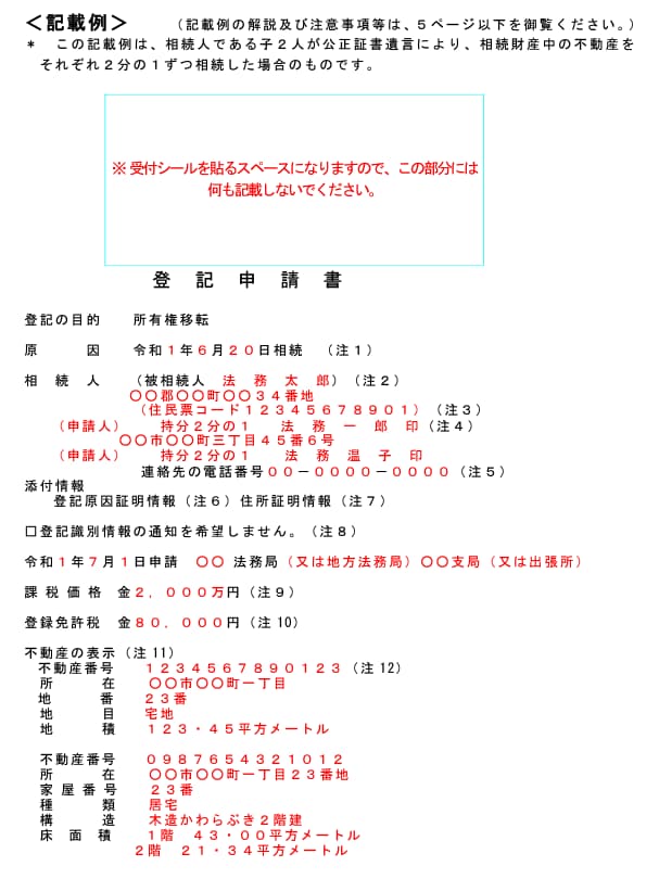 登記申請書の記載例