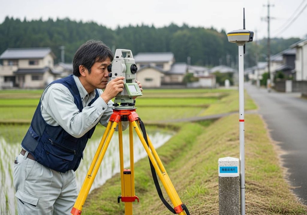 住宅地で確定測量している男性