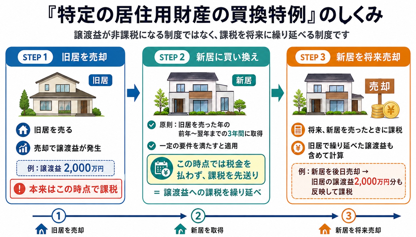 買替特例における譲渡所得の繰り延べの流れ