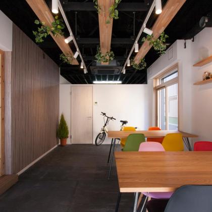 天井は抜いてあるため圧迫感がありません。
木目の板と観葉植物がアクセントになっています。