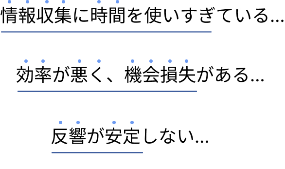 情報収集に時間を使いすぎている...
効率が悪く、機会損失がある...
反響が安定しない...